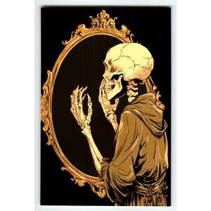 Vintage Halloween Postcard Skeleton in Robe with Ornate Mirror